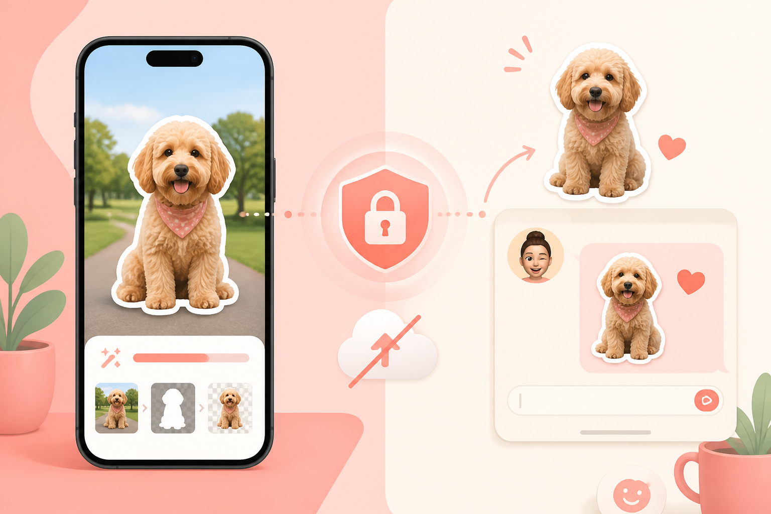 Illustration of private on-device photo cutout in Cutmoji: Sticker Maker