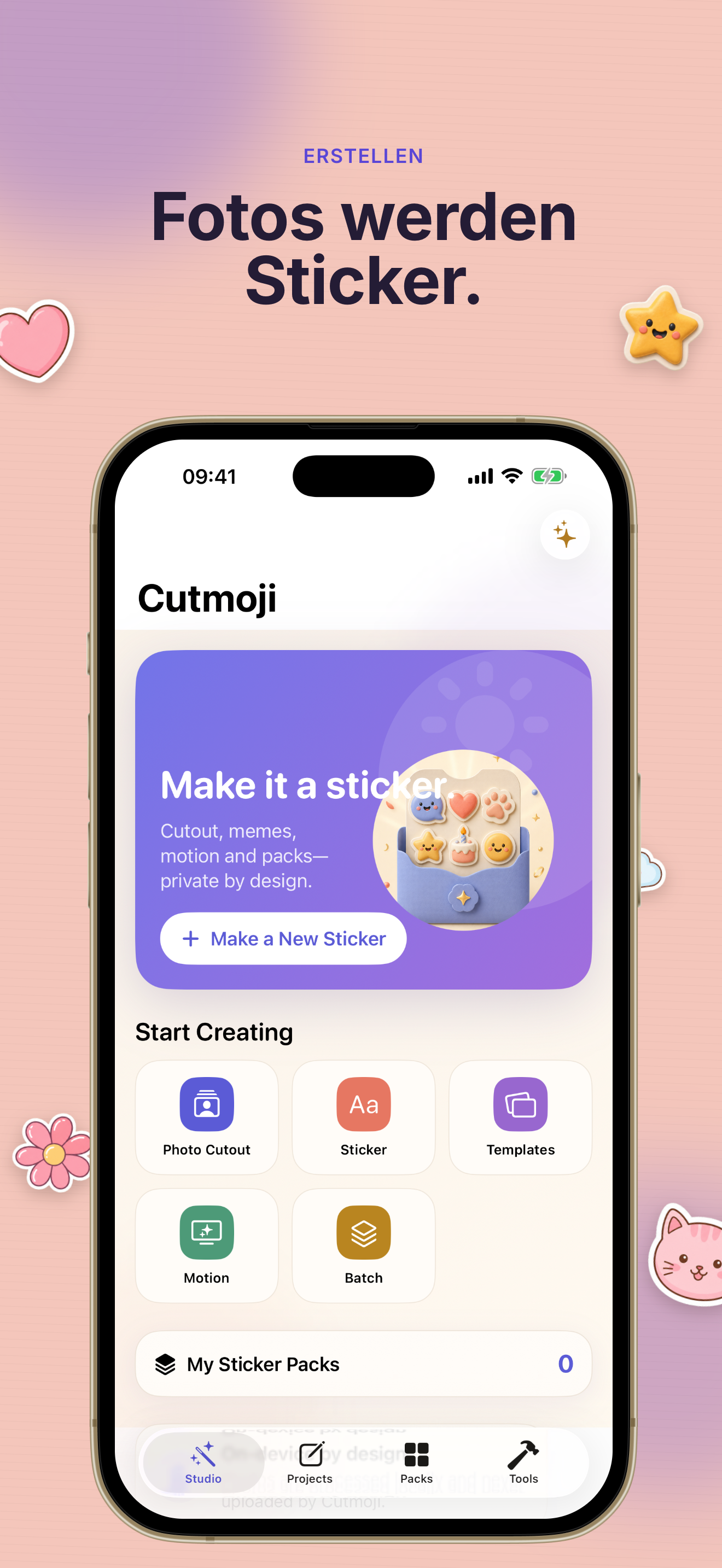 Cutmoji: Sticker Maker Startbildschirm mit Import- und Sticker-Erstellungsoptionen