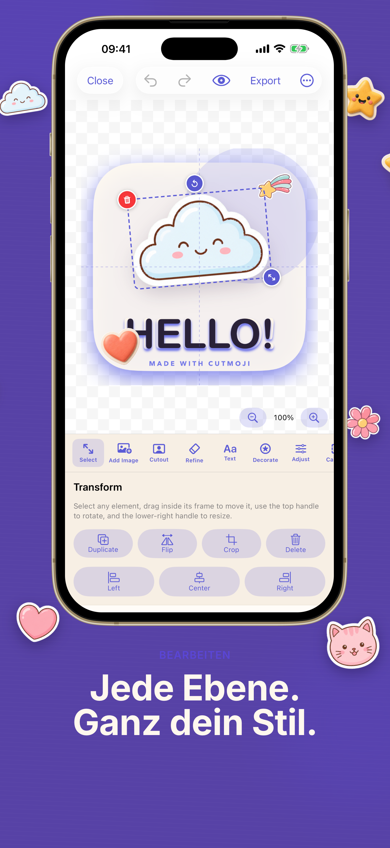 Cutmoji: Sticker Maker Ebenen-Editor mit Text- und Stilsteuerung