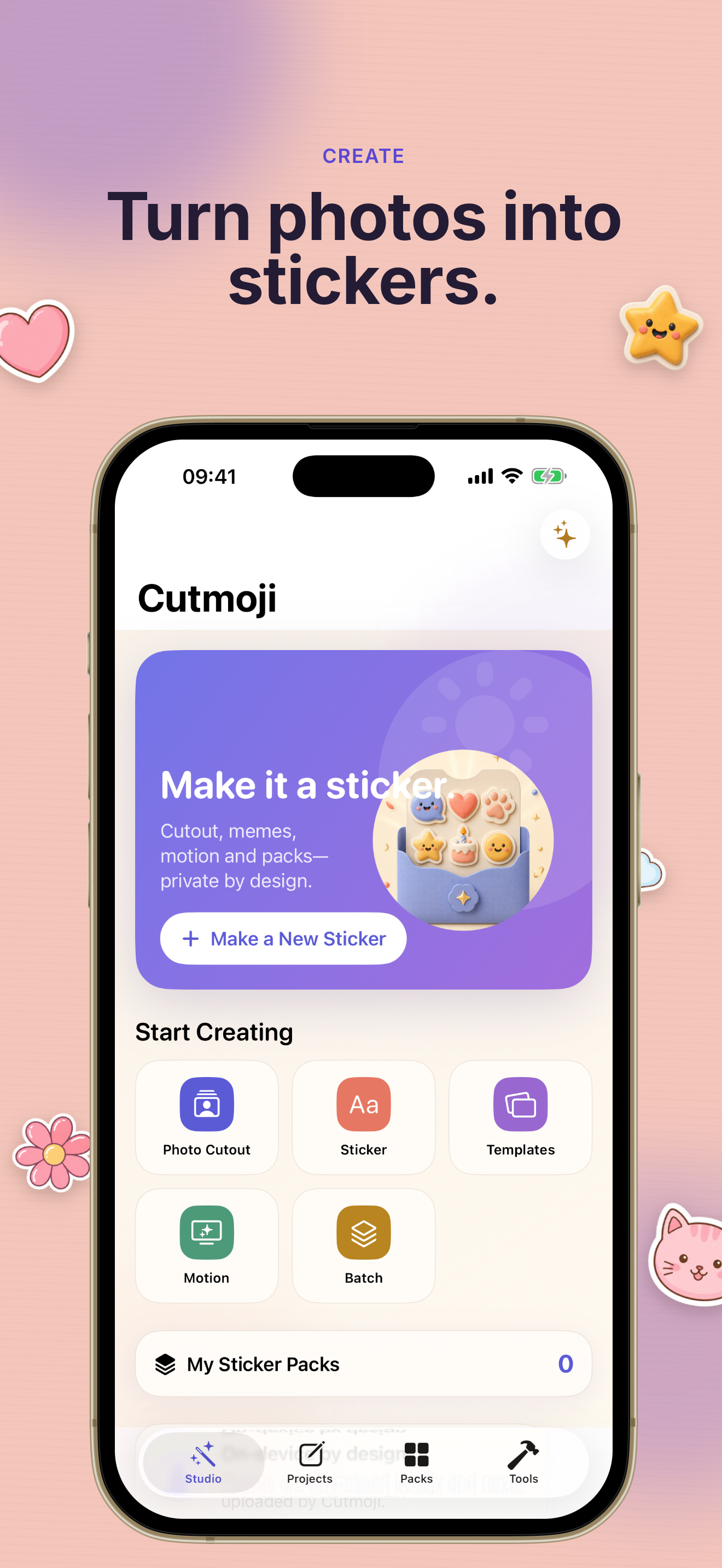 Cutmoji: Sticker Maker home screen showing import and sticker creation options