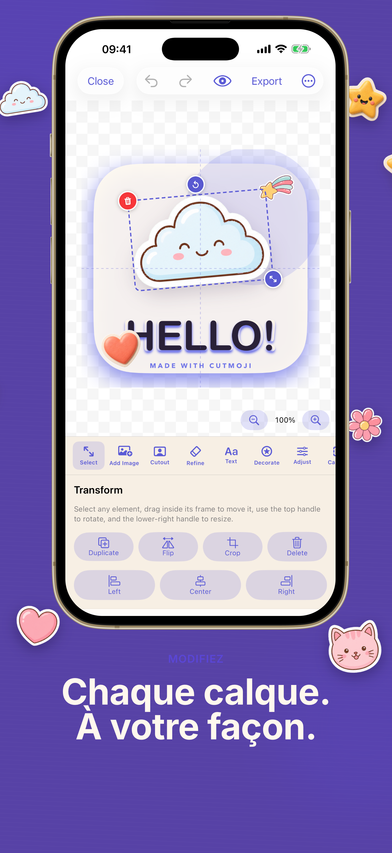 Éditeur de calques Cutmoji: Sticker Maker avec texte et contrôles de style