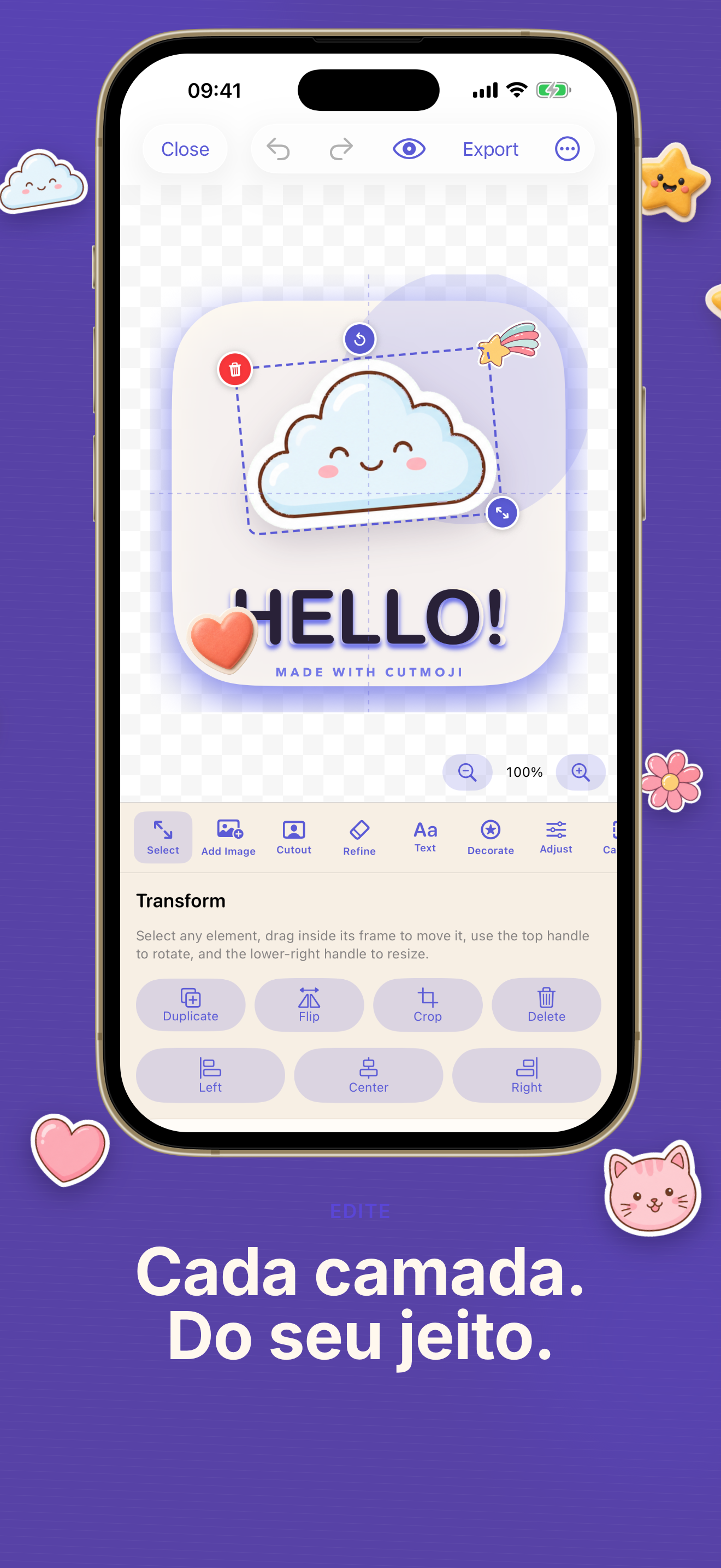 Editor de camadas do Cutmoji: Sticker Maker com texto e controles de estilo